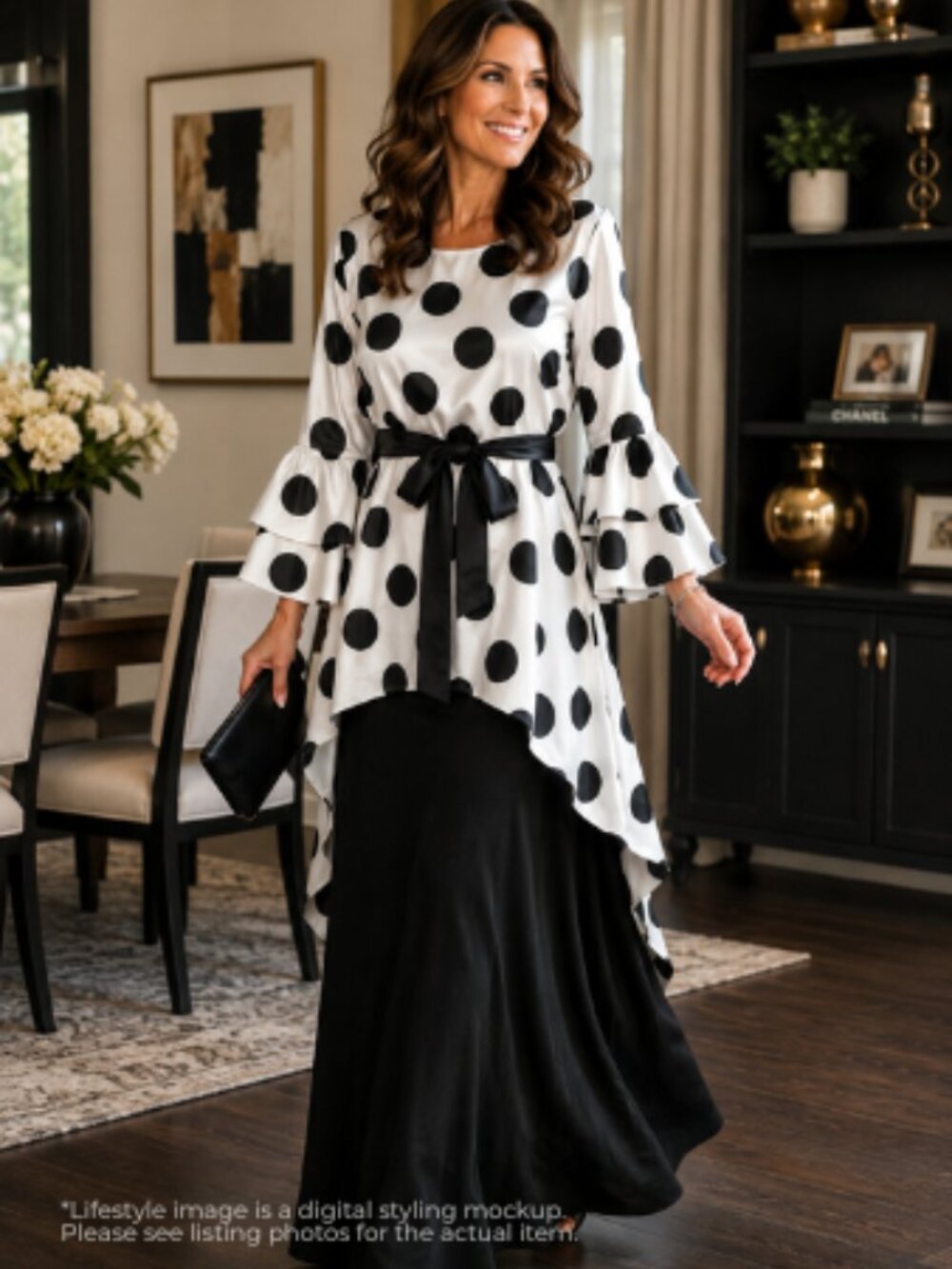 EY Boutique NWT Polka Dot Maxi Dress 20W Black White Satin Hi Low Bell Sleeve